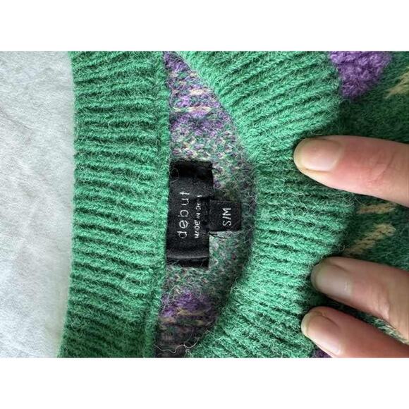 Green Purple Floral Knit Pullover Cottagecore Women's Sweater S/M - Picture 2 of 10